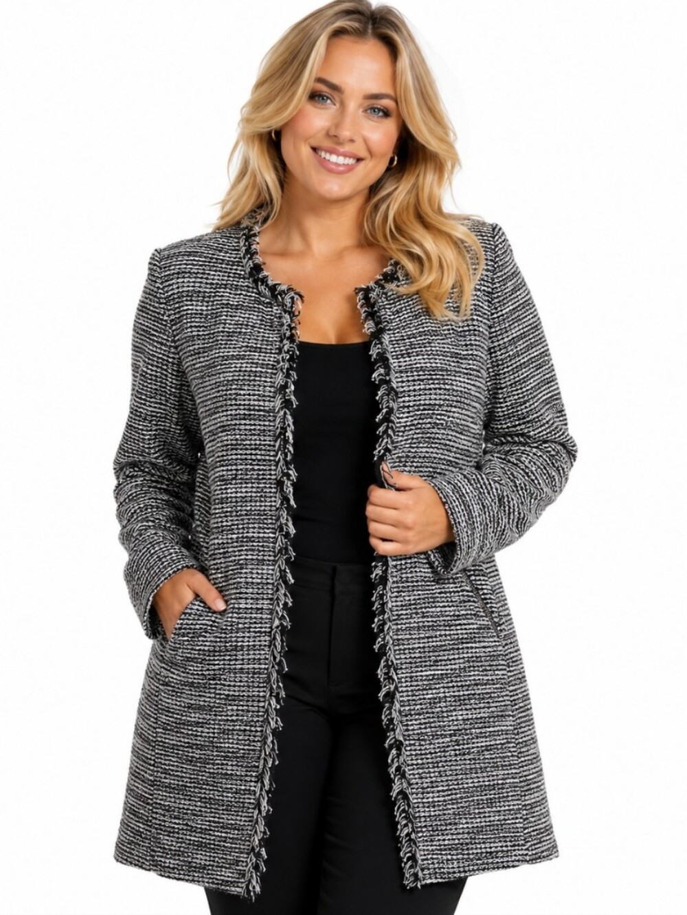 Tweed Textured Fringe Open-Front Coatigan in Black & White ( Size : Small)